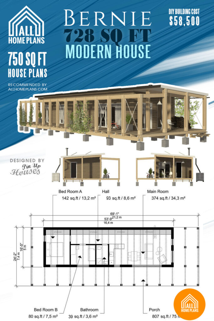 750 sq. ft. single story house with a large porch