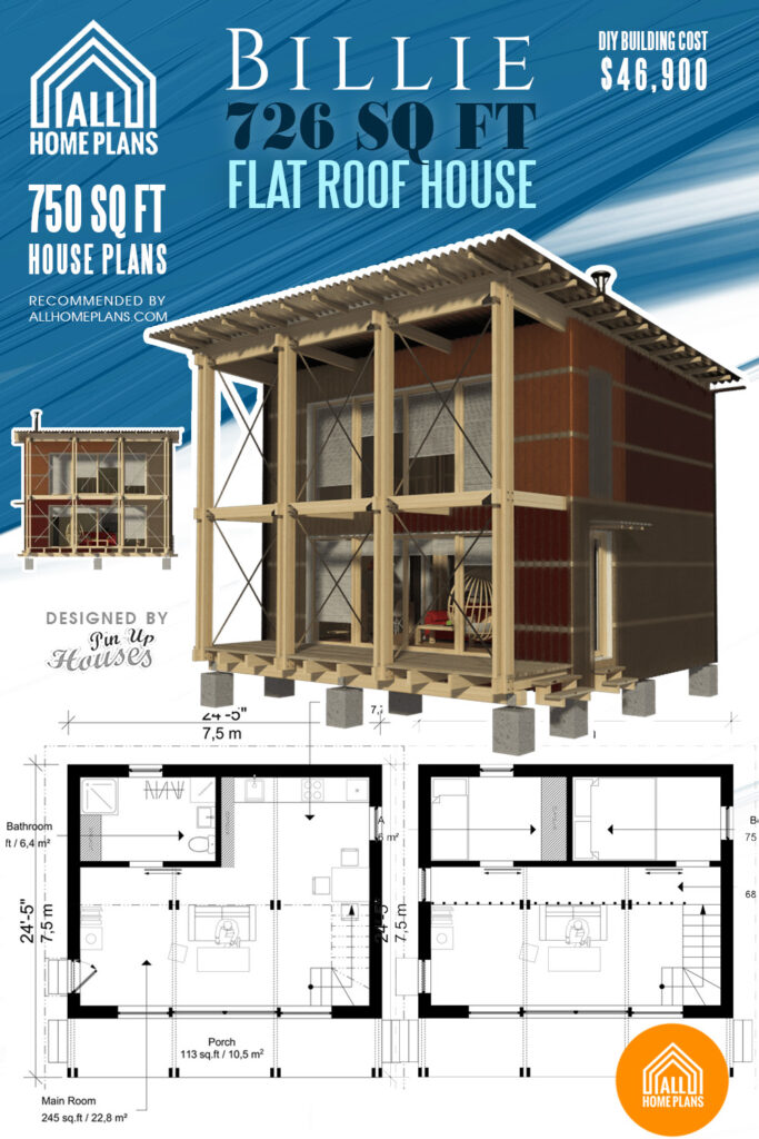 750 sq. ft. Two Story House Plans with a Flat Roof -  Billie