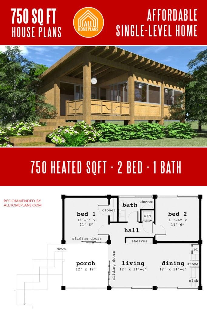 two bedroom 750 sq ft flat roof house plan