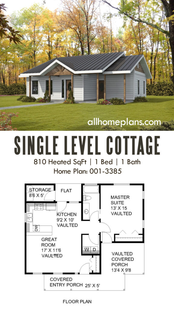 Is 810 square feet enough for comfortable living? It really depends on the amount of stuff you have. An open-concept living area with vaulted ceilings and a spacious bedroom will allow you to enjoy life in this single level home. Additionally, the plan features covered patios so you can have your cup of coffee in the morning even when it rains.