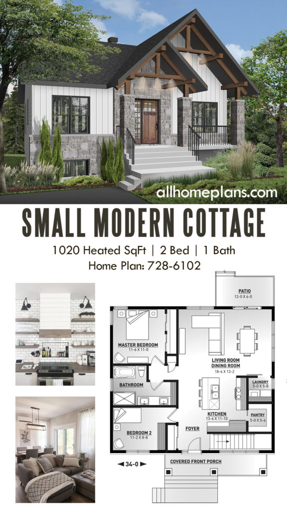 This compact plan packs lots of functionality in a relatively small footprint. With 2 bedrooms and a spacious living area it is a great option for a young couple or empty nesters. The optional basement can serve as an extra storage to keep your living floor clutter-free.