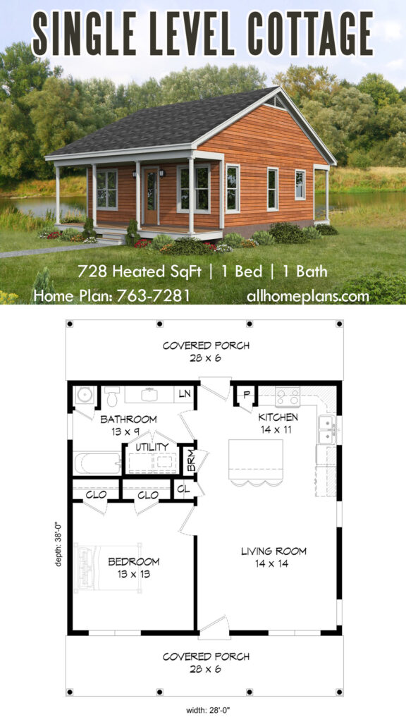 This adorable cottage with 2 covered porches will look great on the lake, in the woods, or as a in-laws' ADU on your property. Most importantly, this compact plan for a single level dwelling is suitable for elderly and retirees. The home boasts an open living area, spacious bedroom, and a well-equipped bathroom with a bathtub.